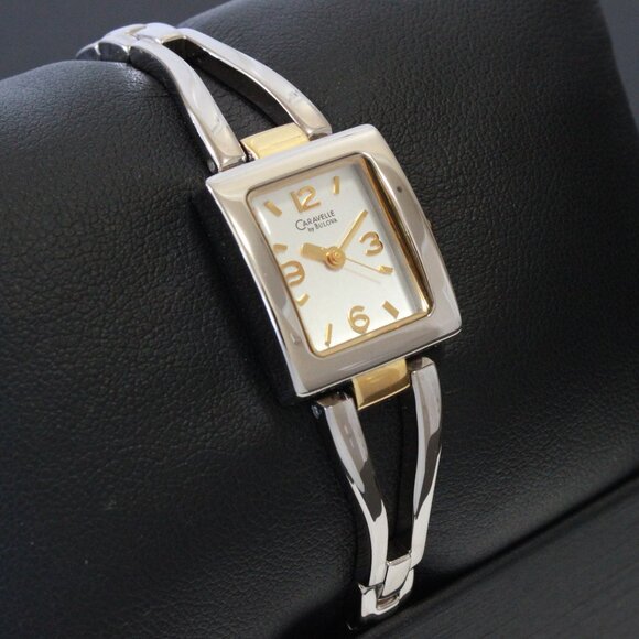 Caravelle Ladies Silver Tone With Gold Accents ½ Bangle Bracelet MOP Dial 16mm - Picture 2 of 15